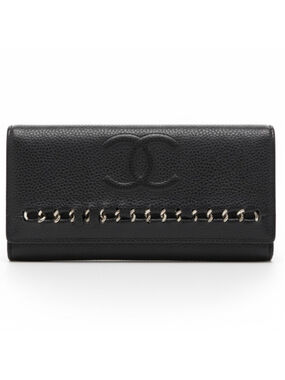 Vintage Chanel CC Logo Black Caviar Leather Wallet Designer Authentic Trifold